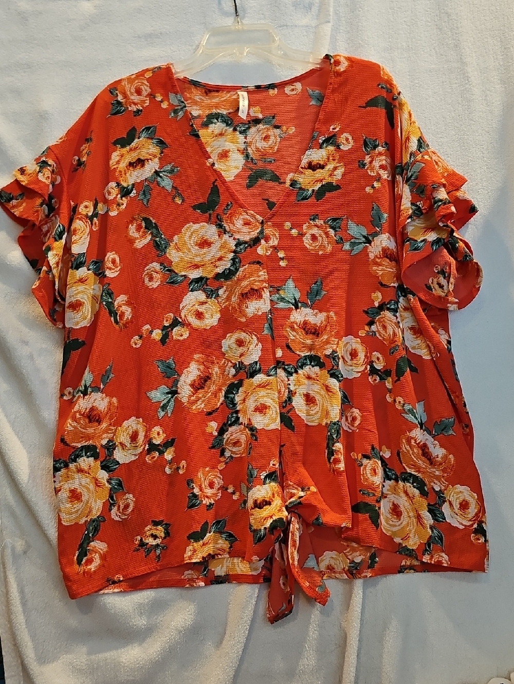 Women's 2X Orange Floral Tie Front Top Blouse Emerald Brand